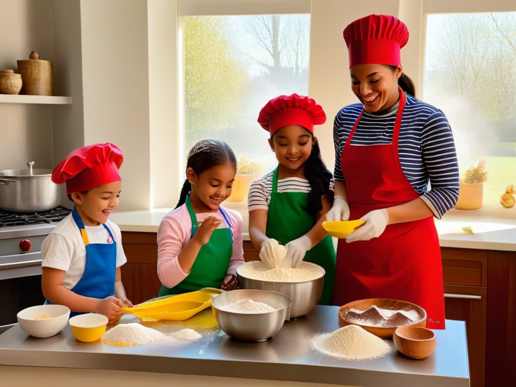  A photorealistic image depicting a group of children of diverse backgrounds and ages, wearing colorful aprons and chef hats, happily engaged in a creative baking session. They are surrounded by various ingredients, utensils, and mixing bowls, with flour dust gently floating in the air. The sunlight filters through a window, casting a warm glow on the scene, emphasizing the joy and camaraderie of the children as they work together on their delicious creations. hyperrealistic, full body, detailed clothing, highly detailed, cinematic lighting, stunningly beautiful, intricate, sharp focus, f/1. 8, 85mm, (centered image composition), (professionally color graded), ((bright soft diffused light)), volumetric fog, trending on instagram, trending on tumblr, HDR 4K, 8K