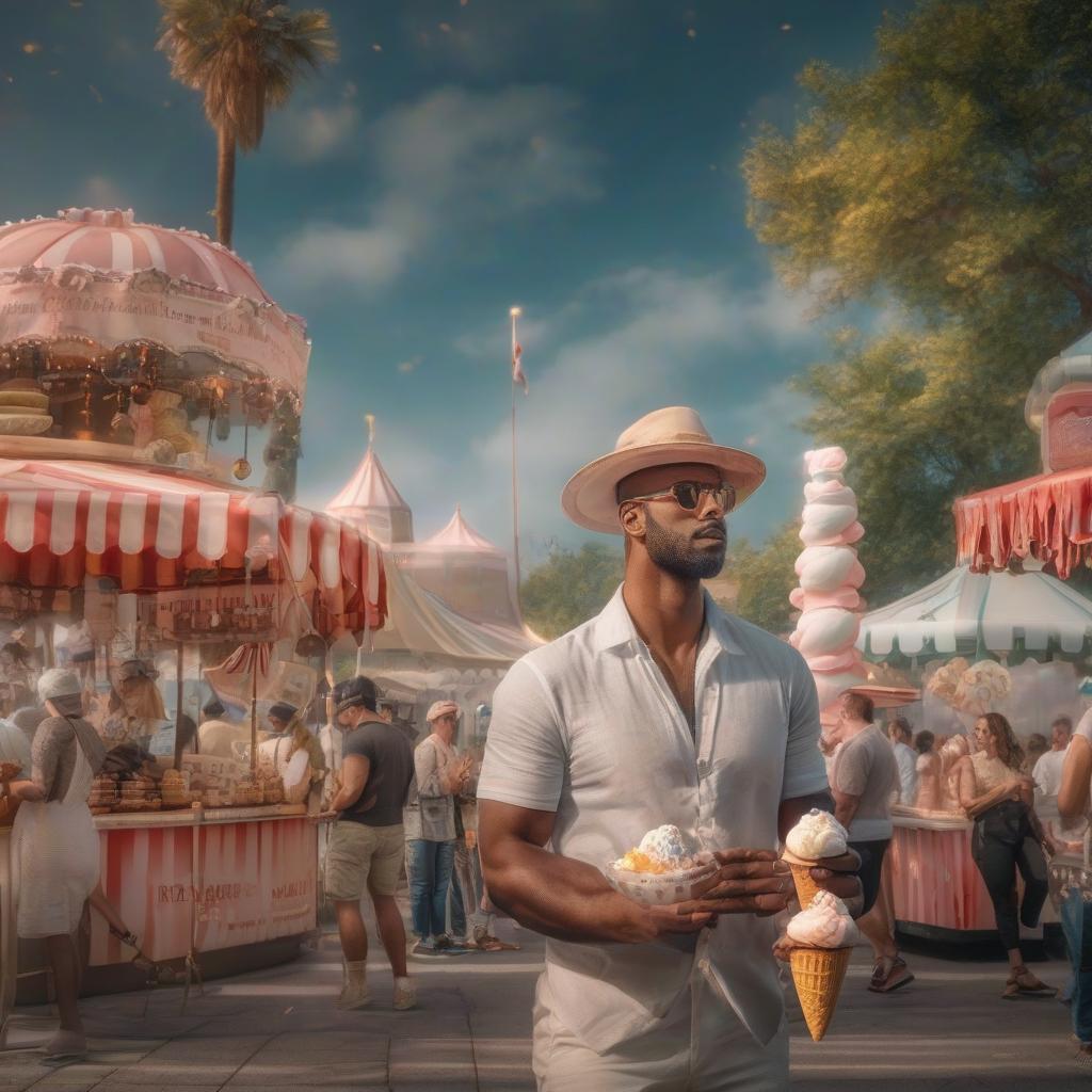  ice cream festival hyperrealistic, full body, detailed clothing, highly detailed, cinematic lighting, stunningly beautiful, intricate, sharp focus, f/1. 8, 85mm, (centered image composition), (professionally color graded), ((bright soft diffused light)), volumetric fog, trending on instagram, trending on tumblr, HDR 4K, 8K