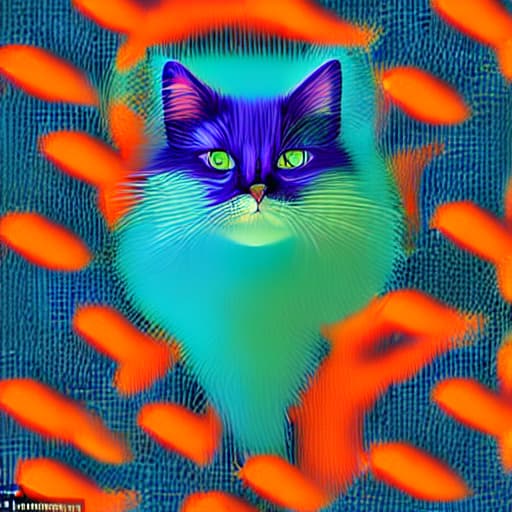  amazing abstraction cat in blue and blue colors among goldfish