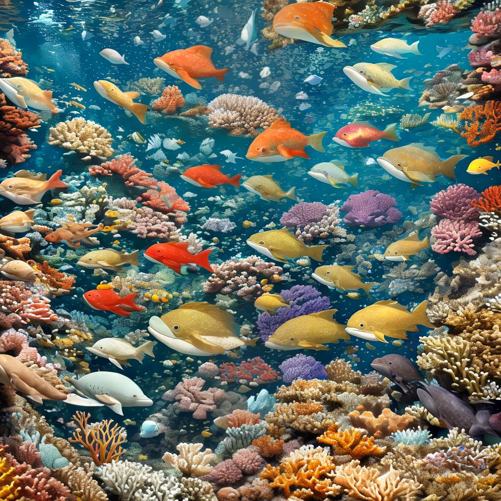  masterpiece, best quality, beautiful deep sea full of corals, diverse marine life and fascinating underwater landscapes with corals, appendages, small fish, anemones, dolphins, various algae, caves, colorful, 8k resolution and intricate detail