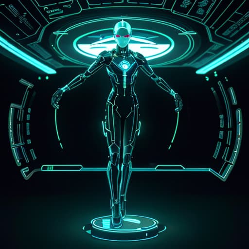  as a cinematic render, A sleek, advanced android with metallic limbs and glowing circuitry leaned forward, its fingers deftly navigating a holographic keyboard, surrounded by a futuristic interface displaying streams of data.