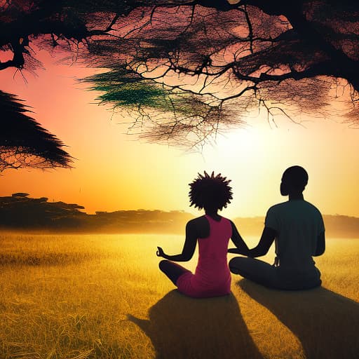 dublex style African American woman and man meditating in the sun and its rays with Ghana backdrop