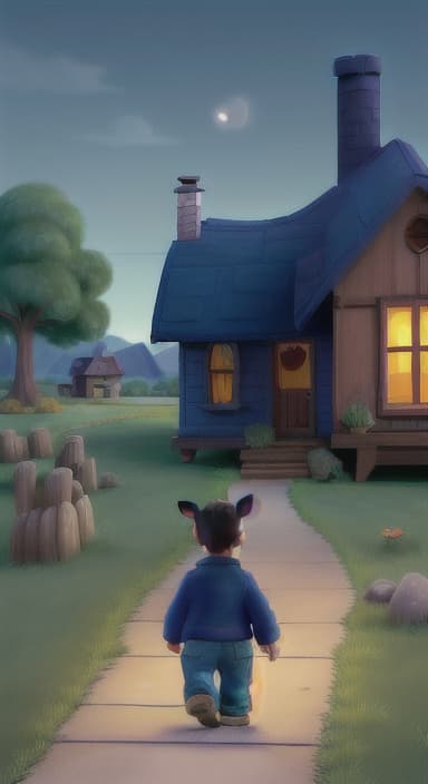  {Max walking back towards the cozy little house with droopy eyes, as twilight falls, The big blue dog is large with sky blue fur, big round eyes, a black nose, and floppy ears.