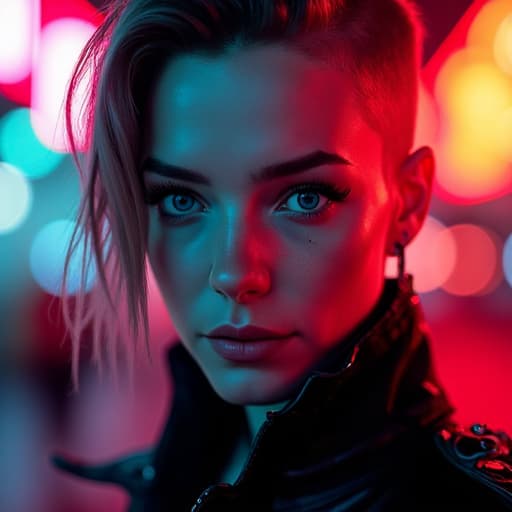  ultra realistic close up portrait ((beautiful pale cyberpunk female with heavy black eyeliner)), blue eyes, shaved side haircut, hyper detail, cinematic lighting, magic neon, dark red city, canon eos r3, nikon, f/1.4, iso 200, 1/160s, 8k, raw, unedited, symmetrical balance, in frame, 8k hyperrealistic, full body, detailed clothing, highly detailed, cinematic lighting, stunningly beautiful, intricate, sharp focus, f/1. 8, 85mm, (centered image composition), (professionally color graded), ((bright soft diffused light)), volumetric fog, trending on instagram, trending on tumblr, HDR 4K, 8K