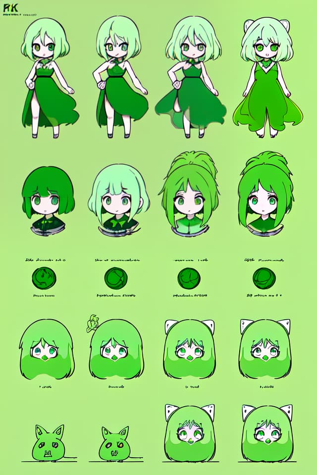  Green hair character flasks, detailed subjects, precision shadows, delicate lines, detailed fine lines, ultra high image quality, 4K, 8K