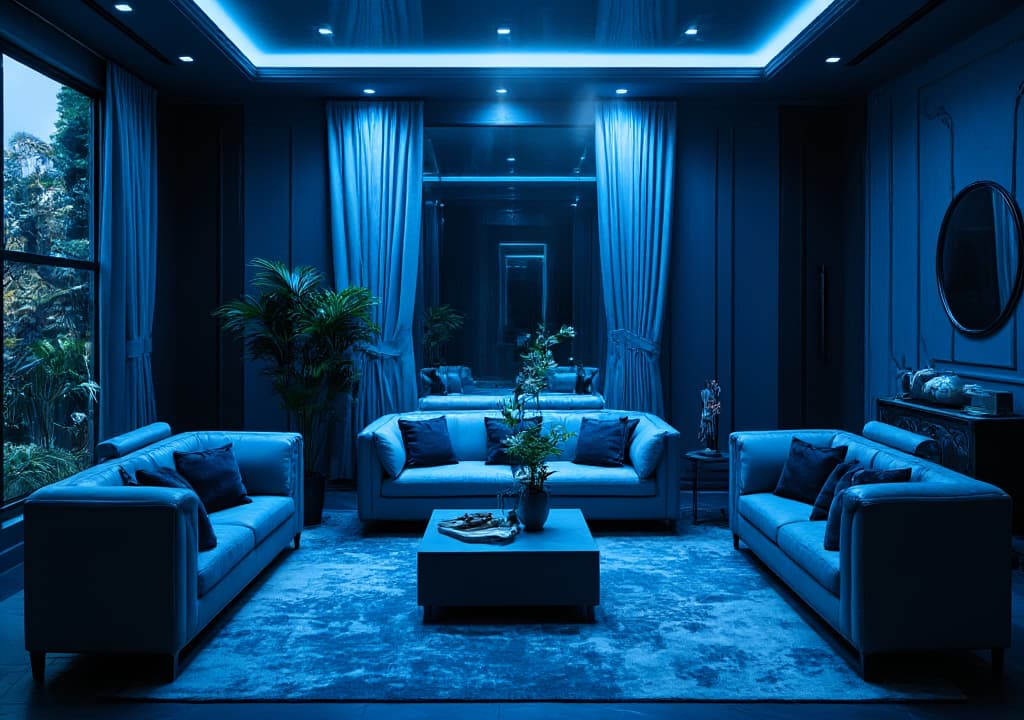  good quality, high quality, capture an unedited 8k photograph styled after mario testino, featuring a sharp, hyperrealistic, and highly detailed view of a living room designed in the art deco style, marked by 1920s 30s geometric patterns and luxury materials. the image introduces a vibrant blue effect (rgb color value for blue), professionally color graded with bright, soft diffused light, and shot using a 100mm f/2.8 telephoto lens under nocturnal lighting. this image, reminiscent of a mystery movie, employs cinestill 800t film grain to enhance a nostalgic style, drawing inspiration from past decades with vintage color schemes and dense, intricately blurred backgrounds that amplify the scene's stunning beauty, details