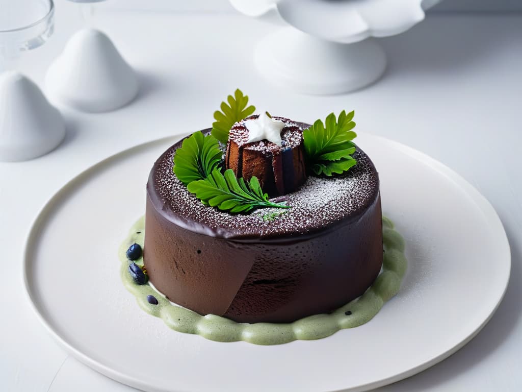  A closeup, ultradetailed image of a decadent chocolate lava cake topped with delicate strands of vibrant green seaweed, placed on a sleek, modern white plate against a stark black background, showcasing the unique combination of rich dessert and oceanic ingredient in a visually striking and minimalistic composition. hyperrealistic, full body, detailed clothing, highly detailed, cinematic lighting, stunningly beautiful, intricate, sharp focus, f/1. 8, 85mm, (centered image composition), (professionally color graded), ((bright soft diffused light)), volumetric fog, trending on instagram, trending on tumblr, HDR 4K, 8K