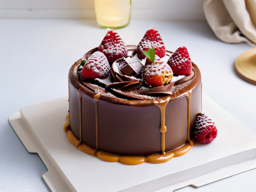  An ultradetailed closeup image of a perfectly crafted chocolate cake with intricate swirls of caramel sauce drizzling down its sides, topped with fresh raspberries and mint leaves, set against a plain white background to emphasize the minimalistic style. The glossy texture of the chocolate ganache and the vibrant red of the raspberries create a visually striking and appetizing composition that embodies the essence of Comercio Justo en repostería. hyperrealistic, full body, detailed clothing, highly detailed, cinematic lighting, stunningly beautiful, intricate, sharp focus, f/1. 8, 85mm, (centered image composition), (professionally color graded), ((bright soft diffused light)), volumetric fog, trending on instagram, trending on tumblr, HDR 4K, 8K