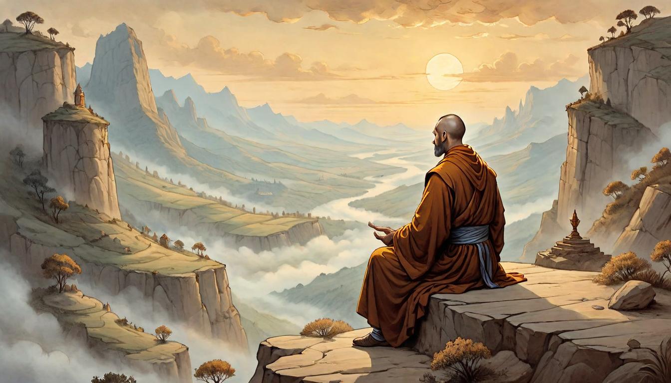  on parchment, surrealism+++, Monk meditating at the edge of a cliff overlooking a vast valley at sunrise, serene expression, robes flowing in the wind, contemplative, reflective(mysterious, provocative, symbolic,muted color)+++