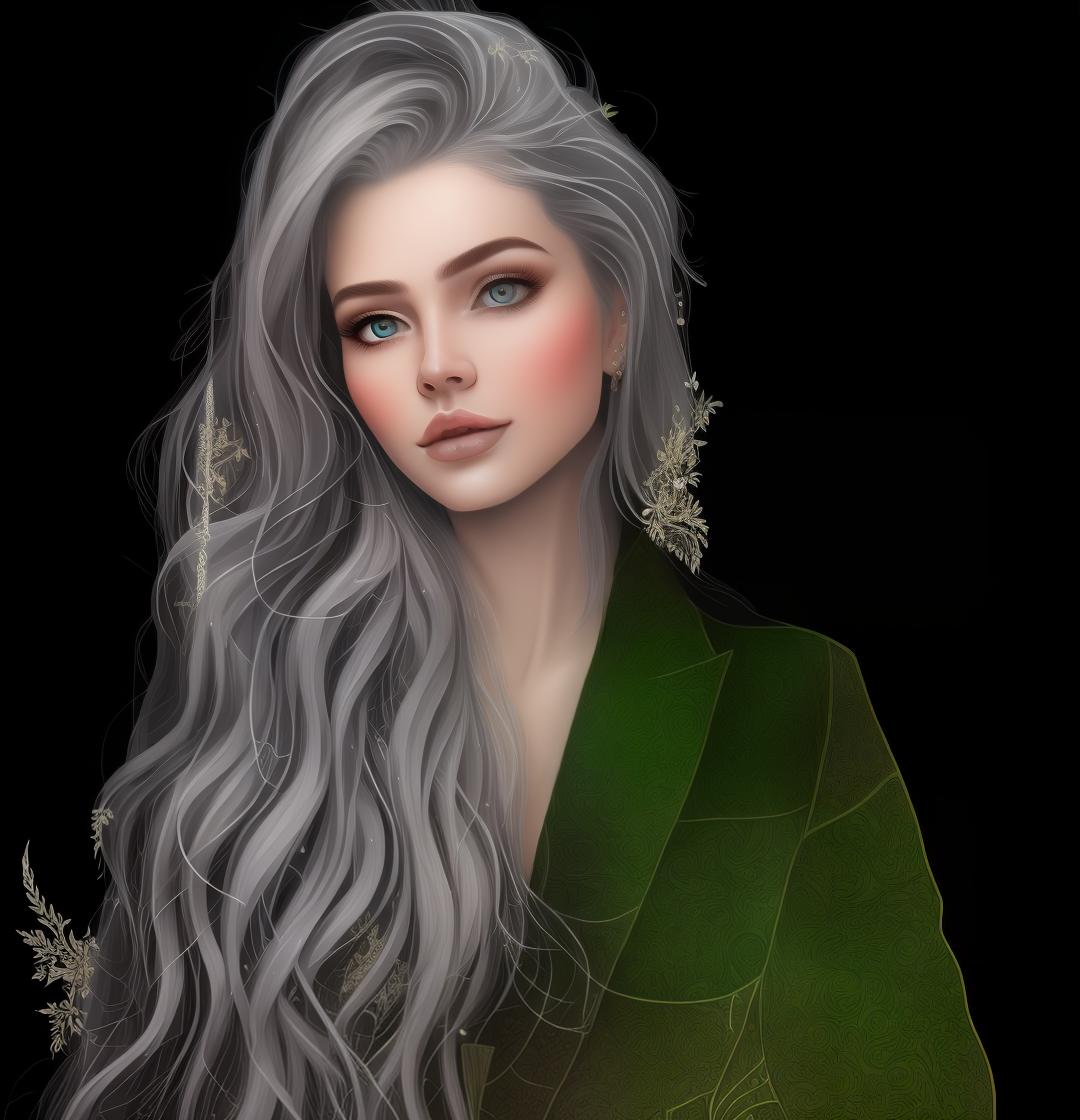 mdjrny-v4 style Create a Fantasy style avatar of a female Elf. Prominent Elf Ears, ears should be pointed, long, sharp, visible behind the hair. The character should have long, flowing silver hair, caught in a bun, adorned with delicate flowers. Her eyes should be almond shaped and bright green. She should wear an elegant, fitted tunic with intricate leaf patterns and embroidery. Her ears should be pointed and prominent, a defining feature of Elves. She should have a graceful and slender build, with pale, smooth skin.