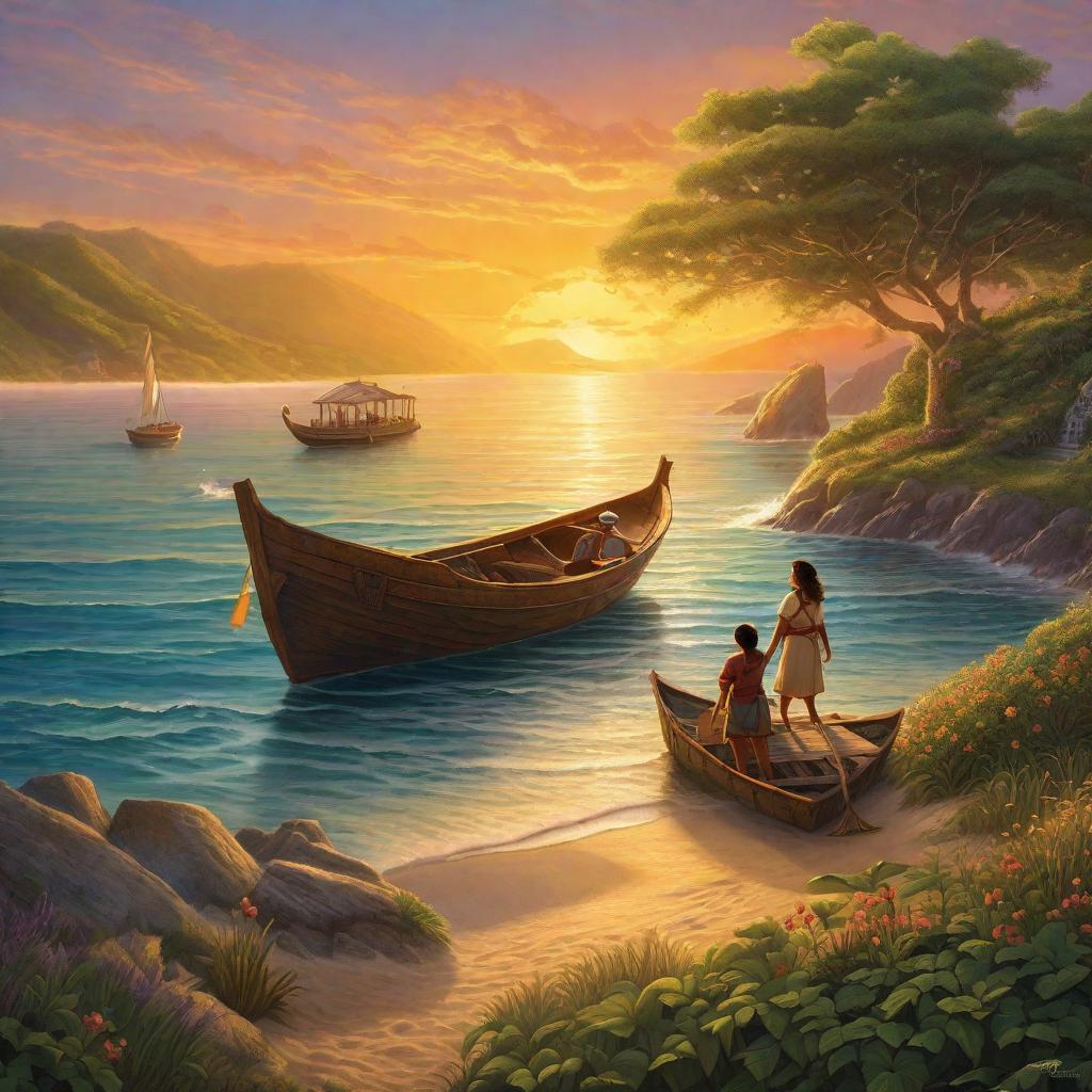  "An idyllic scene of a young and their mother stepping off a small, rustic boat onto a familiar shoreline. In the background, a sun is setting over the tranquil ocean, casting a gentle glow on the distant, enchanted island they are leaving behind. Both characters are carrying a beautifully illuminated treasure , symbolizing the precious lessons they've acquired from their adventure. The overall atmosphere of this scene should evoke a sense of nostalgia and warmth, marking an end to their exciting venture while hinting at the priceless treasure of knowledge and experience they've gained. The overall style i, colorful, and light-hearted, appropriate for the sensibilities of a young viewer."((masterpiece)), best quality, very  hyperrealistic, full body, detailed clothing, highly detailed, cinematic lighting, stunningly beautiful, intricate, sharp focus, f/1. 8, 85mm, (centered image composition), (professionally color graded), ((bright soft diffused light)), volumetric fog, trending on instagram, trending on tumblr, HDR 4K, 8K