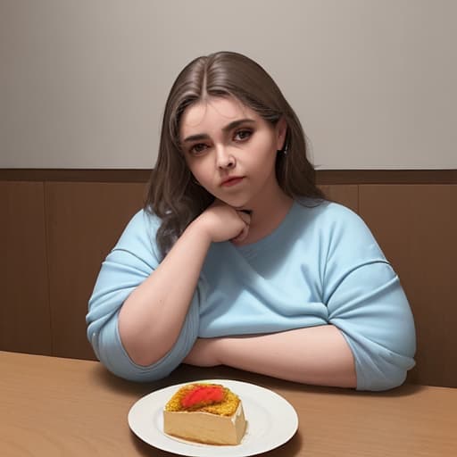  Crie um prompt de uma imagem de uma mulher gorda sentada em uma mesa na cozinha, com o rosto pintado de palhaço olhando para um prato com melancia em cima de uma mesa