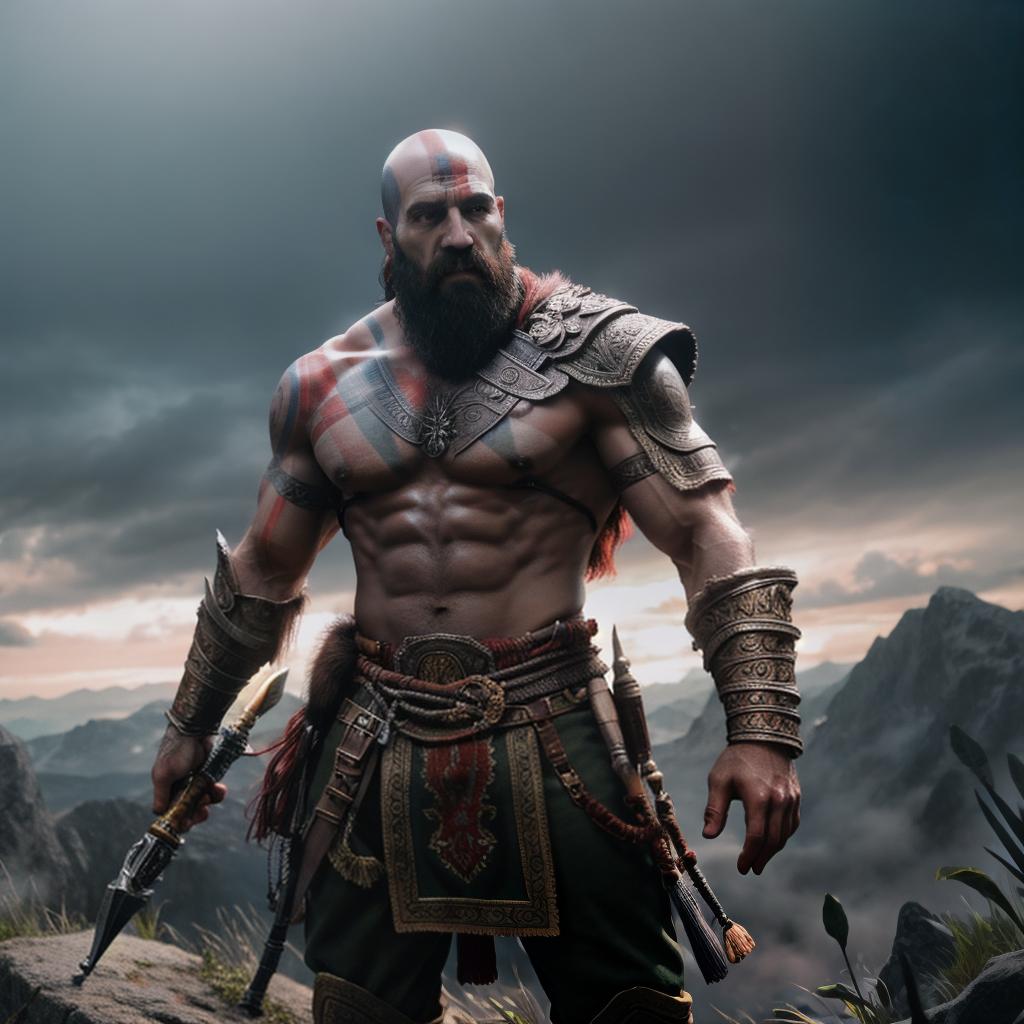  God of war hyperrealistic, full body, detailed clothing, highly detailed, cinematic lighting, stunningly beautiful, intricate, sharp focus, f/1. 8, 85mm, (centered image composition), (professionally color graded), ((bright soft diffused light)), volumetric fog, trending on instagram, trending on tumblr, HDR 4K, 8K