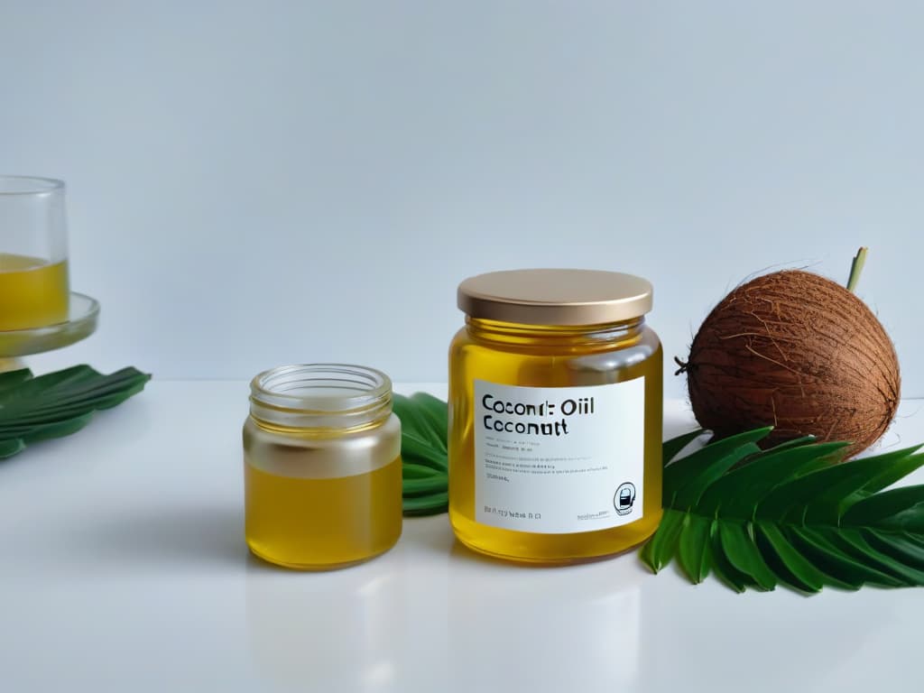  A serene and minimalist image of a golden coconut oil jar, glistening under soft natural light on a sleek marble countertop. The jar's label is elegantly designed with a hint of tropical flair, showcasing the purity and organic nature of the product. The backdrop features a lush green palm leaf subtly peeking into the frame, adding a touch of freshness and authenticity to the composition. The overall aesthetic is clean, modern, and visually appealing, perfectly complementing the informative and professional tone of the article on the benefits of coconut oil. hyperrealistic, full body, detailed clothing, highly detailed, cinematic lighting, stunningly beautiful, intricate, sharp focus, f/1. 8, 85mm, (centered image composition), (professionally color graded), ((bright soft diffused light)), volumetric fog, trending on instagram, trending on tumblr, HDR 4K, 8K