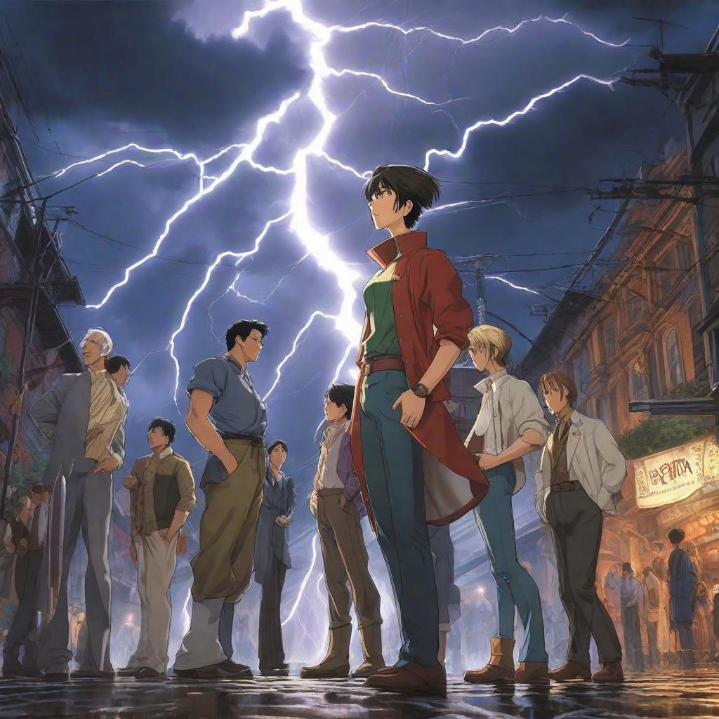  A group of people gathered around a lightning strike., anime concept art by Hayao Miyazaki, featured on pixiv, fantasy art, concept art, official art, high detailed hyperrealistic, full body, detailed clothing, highly detailed, cinematic lighting, stunningly beautiful, intricate, sharp focus, f/1. 8, 85mm, (centered image composition), (professionally color graded), ((bright soft diffused light)), volumetric fog, trending on instagram, trending on tumblr, HDR 4K, 8K