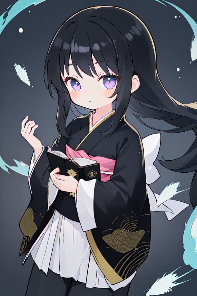  Little girl, long hair, a magic book, wearing expressionless, black hair, kimono