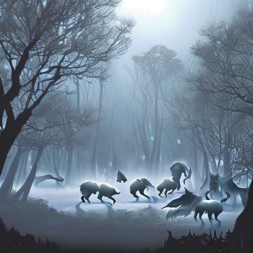  bosque de noche con lobos y fantasmas