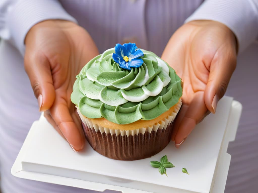  A closeup, ultradetailed image of a pair of hands delicately holding a perfectly crafted, intricately decorated cupcake. The cupcake is adorned with colorful frosting swirls, edible flowers, and shimmering sprinkles, all sitting on a pristine white plate. The hands showcase meticulous care and attention to detail, emphasizing the artistry and craftsmanship involved in creating delectable treats for fair trade practices. hyperrealistic, full body, detailed clothing, highly detailed, cinematic lighting, stunningly beautiful, intricate, sharp focus, f/1. 8, 85mm, (centered image composition), (professionally color graded), ((bright soft diffused light)), volumetric fog, trending on instagram, trending on tumblr, HDR 4K, 8K