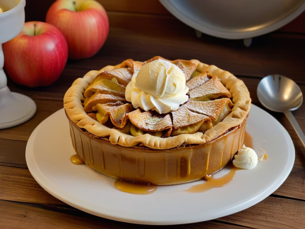  A closeup photorealistic image of a freshly baked Americanstyle apple pie, with goldenbrown flaky crust, perfectly arranged slices of apple filling with hints of cinnamon and sugar, and a scoop of melting vanilla ice cream on top, set on a rustic wooden table with a vintage pie server next to it. The lighting is warm and inviting, highlighting the textures and colors of the pie, creating a mouthwatering and enticing visual. hyperrealistic, full body, detailed clothing, highly detailed, cinematic lighting, stunningly beautiful, intricate, sharp focus, f/1. 8, 85mm, (centered image composition), (professionally color graded), ((bright soft diffused light)), volumetric fog, trending on instagram, trending on tumblr, HDR 4K, 8K