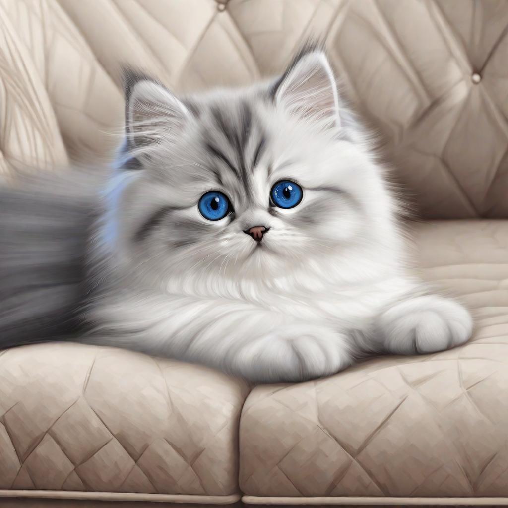  masterpiece, best quality,Draw a real white furry, blue-eyed cute kitten sitting on the couch