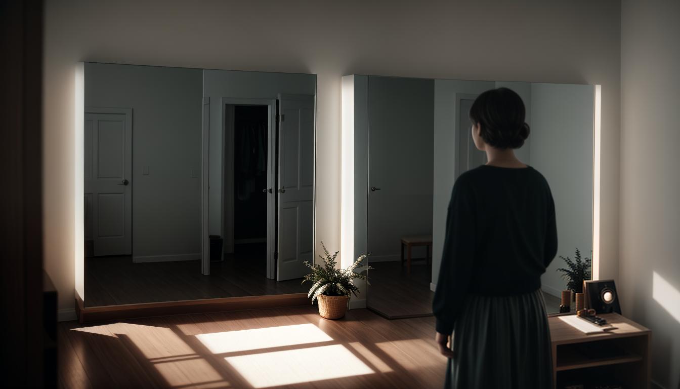  cinematic, aesthetic, A figure standing in front of a mirror, seeing new strengths reflected back, room filled with soft light, empowerment, self awareness., 4k, HDR, lens flare