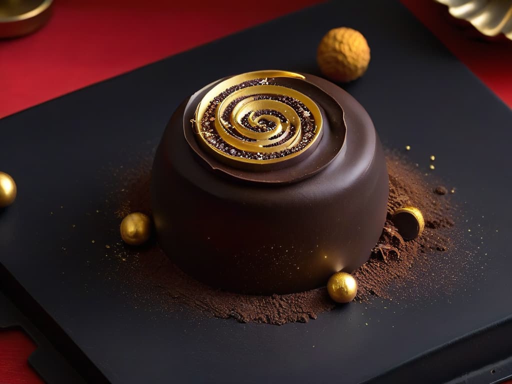  An ultradetailed closeup image of a glossy, perfectly tempered dark chocolate bonbon filled with a smooth cacao criollo ganache, delicately dusted with gold flakes, sitting on a sleek, matte black plate. The lighting highlights the intricate swirls and texture of the chocolate shell, showcasing the richness and elegance of cacao criollo in modern pastry art. hyperrealistic, full body, detailed clothing, highly detailed, cinematic lighting, stunningly beautiful, intricate, sharp focus, f/1. 8, 85mm, (centered image composition), (professionally color graded), ((bright soft diffused light)), volumetric fog, trending on instagram, trending on tumblr, HDR 4K, 8K