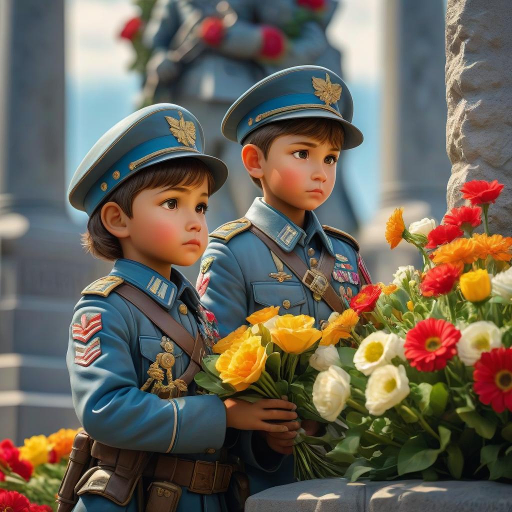  At the monument to soldiers, there is a child with flowers in his hands, a masterpiece. bright colors. digital image, charming composition hyperrealistic, full body, detailed clothing, highly detailed, cinematic lighting, stunningly beautiful, intricate, sharp focus, f/1. 8, 85mm, (centered image composition), (professionally color graded), ((bright soft diffused light)), volumetric fog, trending on instagram, trending on tumblr, HDR 4K, 8K