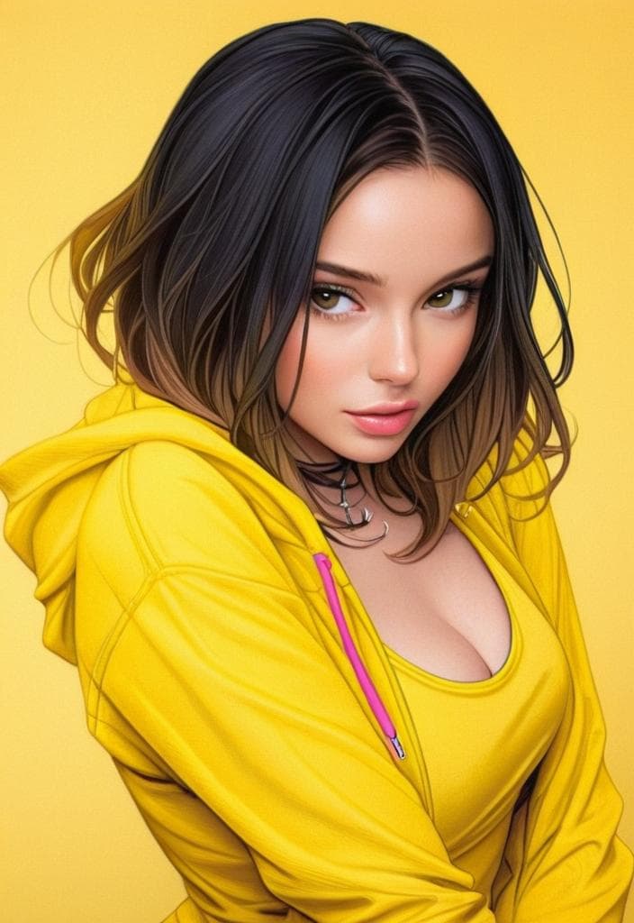 hyper real, a beautiful girl, wearing black tshirt, yellow jacket, cleavage