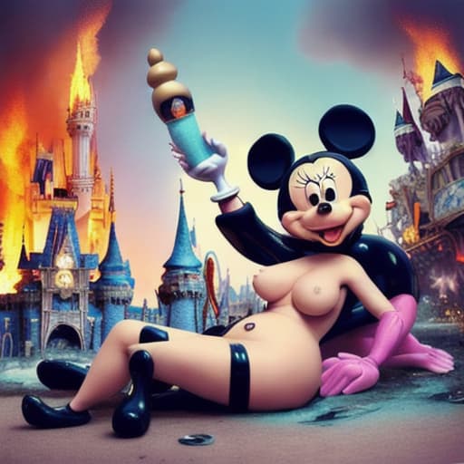  Disney land destroyed and on fire, nude sexy goth with big oversized implant boobs, oversized realistic dildo in pussy,standing above mickey mouse laying unconscious on ground, smiling ,ultra high detail , masterpiece,128k, vibrant,colorful, ultra bloom , add detail , detailed face , depth of field