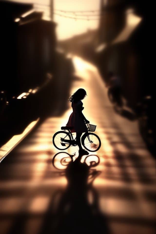  (backlighting,silhouette,chiaroscuro,lens flare,blurry background,morning,sunrise,sea,street,outdoors),(trembling motion line:1.3) BREAK (solo,,curvy,unaligned s,bouncing s,hanging s),(leaning forward),((Pedalling a bicycle)),mini summer dress,shoes,(s k:1.3),looking away BREAK (incredibly absurdres),(highres),((texture)),((contrast)),((shading)),((sharpness)),((sense of depth)),