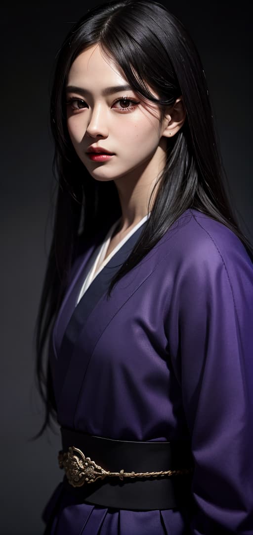  Best quality, masterpiece, ultra high res, (photorealistic:1.4), raw photo, (detail face:1.3), (realistic skin), deep shadow, dramatic lighting, stylish, androgynous, bewitching, black hair, long hair, straight, purple eyes, traditional Japanese clothing, male, cool guy, deep shadow, dramatic lighting, portrait, portrait size, unedited, symmetrical balance