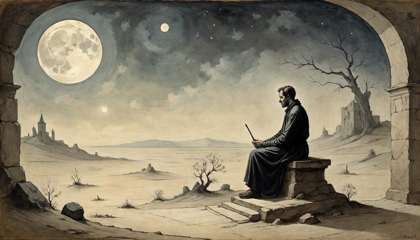  on parchment, surrealism+++, Bare room with moonlight casting stark shadows, lone figure seated in contemplation, minimalistic beauty, austerity, devoid of distractions, stripped bare, moon's caress(mysterious, provocative, symbolic,muted color)+++