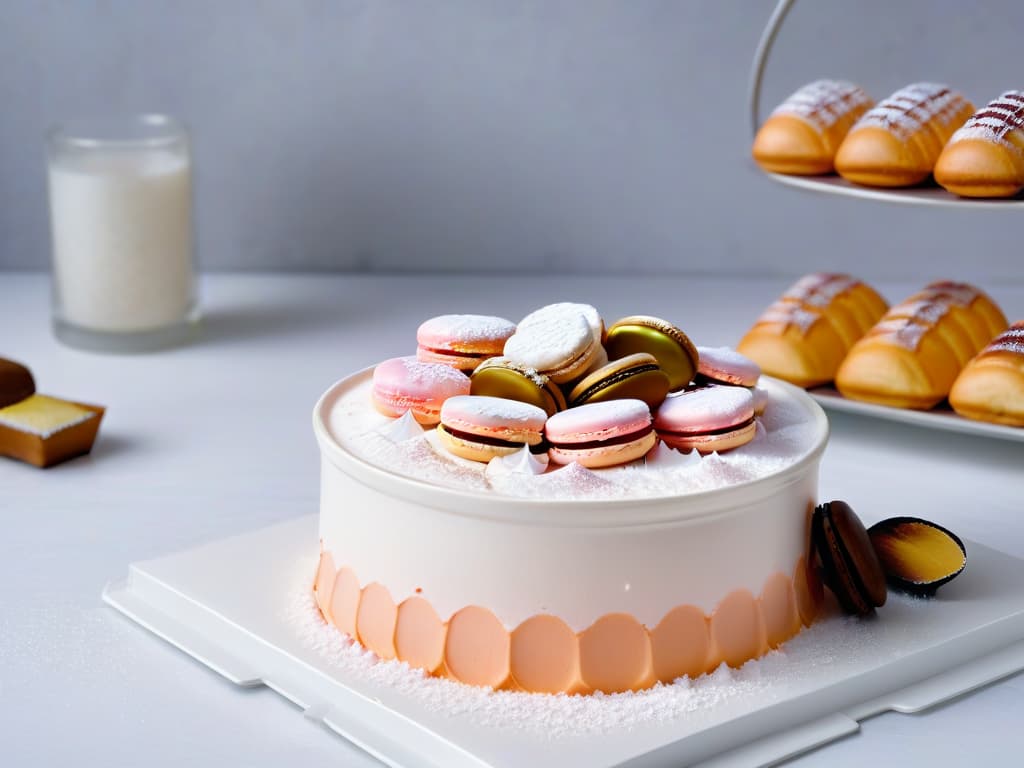  An image of a pristine, white porcelain bowl filled with delicate pink Himalayan salt flakes, set against a backdrop of a soft, blurred French patisserie showcasing exquisite pastries like macarons and éclairs. The contrast between the rough texture of the salt and the refined beauty of the pastries symbolizes the fusion of exotic salts with French culinary elegance in a visually striking and minimalistic composition. hyperrealistic, full body, detailed clothing, highly detailed, cinematic lighting, stunningly beautiful, intricate, sharp focus, f/1. 8, 85mm, (centered image composition), (professionally color graded), ((bright soft diffused light)), volumetric fog, trending on instagram, trending on tumblr, HDR 4K, 8K