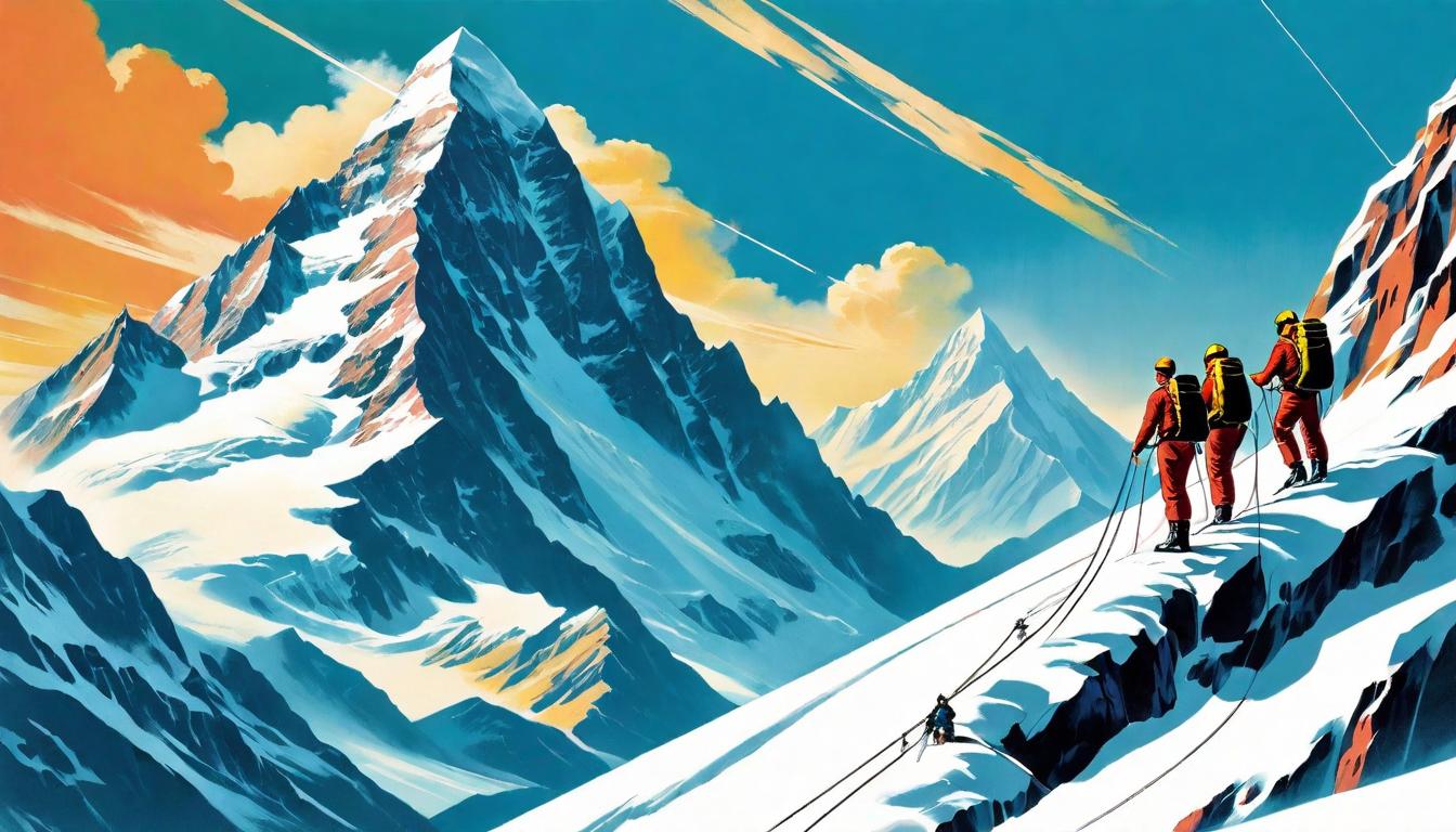  retro futuristic A snow capped peak, with climbers roped together, symbolizing the journey of shared struggles to reach new heights, Climbing, shared triumph, transcendent lvintage sci fi, 50s and 60s style, atomic age, vibrant, highly detailed