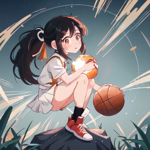  anime girl black hair bright dark brown eyes red and white basketball uniform with the number 18 and the name Nicky white and black shoes Have your hair in a medium high ponytail with two strands on the sides of your ears, have a basketball and look full body Pastel Palette, Da Vinci's Dreams, Picasso's , Sunrise Splendors, Floral Fantasy, Mystical Moonscapes, Urban Nature, Crystal Clear, Cinematic hyperrealistic, full body, detailed clothing, highly detailed, cinematic lighting, stunningly beautiful, intricate, sharp focus, f/1. 8, 85mm, (centered image composition), (professionally color graded), ((bright soft diffused light)), volumetric fog, trending on instagram, trending on tumblr, HDR 4K, 8K