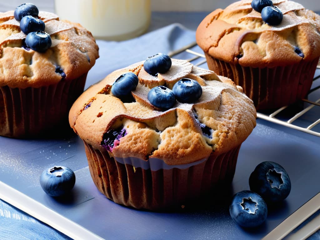  An ultradetailed, 8k resolution image of a perfectly golden whole wheat blueberry muffin cooling on a wire rack, with wisps of steam rising from it. The muffin is garnished with a few fresh blueberries on top, and there are vibrant purpleblue streaks of blueberry juice visible within the muffin. The background is subtly blurred to keep the focus on the muffin, with soft natural light casting a gentle shadow, enhancing the textures and colors of the muffin. hyperrealistic, full body, detailed clothing, highly detailed, cinematic lighting, stunningly beautiful, intricate, sharp focus, f/1. 8, 85mm, (centered image composition), (professionally color graded), ((bright soft diffused light)), volumetric fog, trending on instagram, trending on tumblr, HDR 4K, 8K