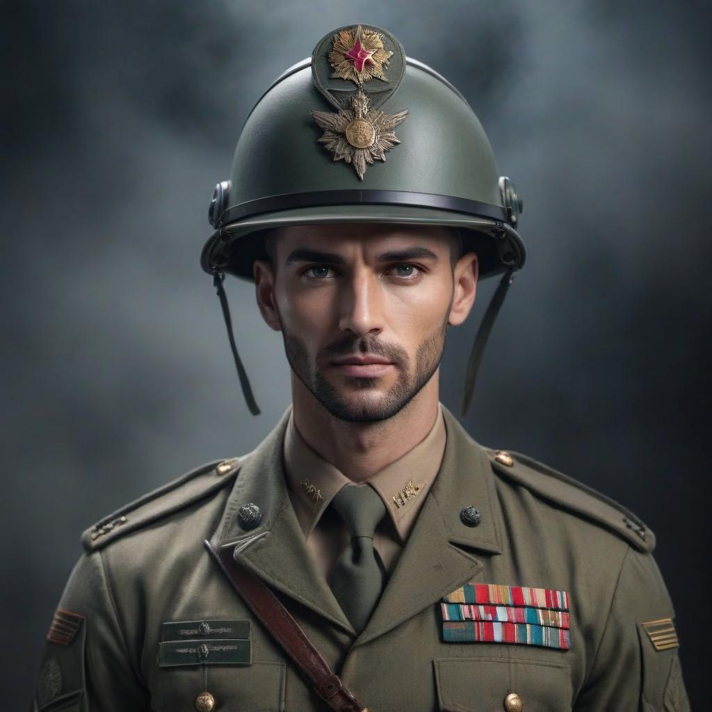  A common strong worker in military uniform. hyperrealistic, full body, detailed clothing, highly detailed, cinematic lighting, stunningly beautiful, intricate, sharp focus, f/1. 8, 85mm, (centered image composition), (professionally color graded), ((bright soft diffused light)), volumetric fog, trending on instagram, trending on tumblr, HDR 4K, 8K