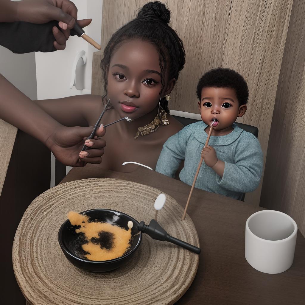  masterpiece, best quality, photo realistic image of a black baby using a finger brush to brush their teeth