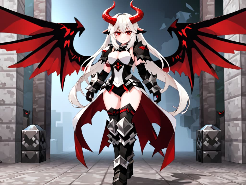  Minecraft style,red_eyes,1girl,horns,white_hair,long_hair,large_breasts,,pointy_ears,standing,wings,rating:safe,looking_at_viewer,demon_girl,smile,gauntlets,,thighhighs,dark_persona,pale_skinfull_body,armored_boots,boots,tail,eyebrows_visible_through_hair,bangs,armor,bare_shoulders,multiple_views,slit_pupils,weapon,black_legwear,earrings,rating:questionable,tattoo,very_long_hair,high_heels,white_skin,revealing_clothesgreaves,,closed_mouth,head_wings,veins,hair_between_eyes,,,hand_on_hip,blood,twintails,bodysuit,areolae,grey_background,black_bodysuit,pubic_tattoo,demon_horns,huge_breasts,jewelry,holding,torn_clothes,black_panties,sidelocks,gloves,body_markings,ponytail,thigh_boots,solo,areola_slip,f