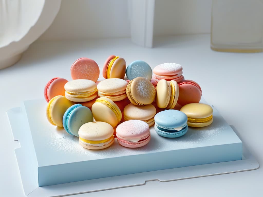  A minimalistic image of a pristine white kitchen countertop, featuring an array of colorful, meticulously arranged macarons in shades of pastel pink, blue, and yellow, each one delicately dusted with edible gold shimmer. The soft natural light streaming in through a nearby window casts a gentle glow on the perfectly smooth surface, highlighting the intricate details of the dainty French pastries. hyperrealistic, full body, detailed clothing, highly detailed, cinematic lighting, stunningly beautiful, intricate, sharp focus, f/1. 8, 85mm, (centered image composition), (professionally color graded), ((bright soft diffused light)), volumetric fog, trending on instagram, trending on tumblr, HDR 4K, 8K