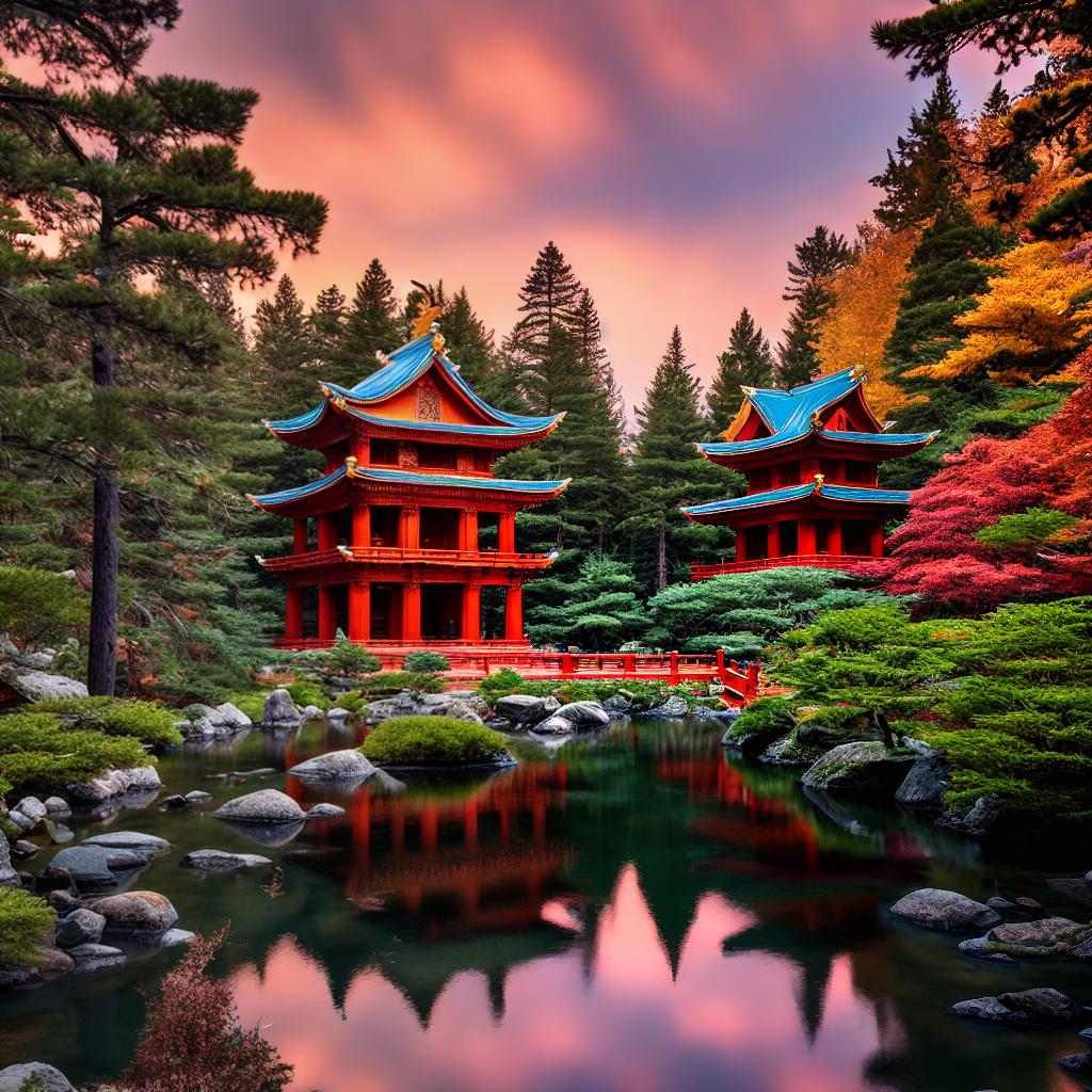  A masterpiece of a serene temple surrounded by vibrant colors: the red hue of the temple contrasts with the snowy white and deep indigo of the surrounding pine trees, while the emerald green of the lush vegetation adds an extra touch of beauty. The scene is depicted with the best quality, capturing every intricate detail in an 8k resolution. The lighting highlights the vividness of the colors, creating an ultra-detailed and high-detailed composition. hyperrealistic, full body, detailed clothing, highly detailed, cinematic lighting, stunningly beautiful, intricate, sharp focus, f/1. 8, 85mm, (centered image composition), (professionally color graded), ((bright soft diffused light)), volumetric fog, trending on instagram, trending on tumblr, HDR 4K, 8K
