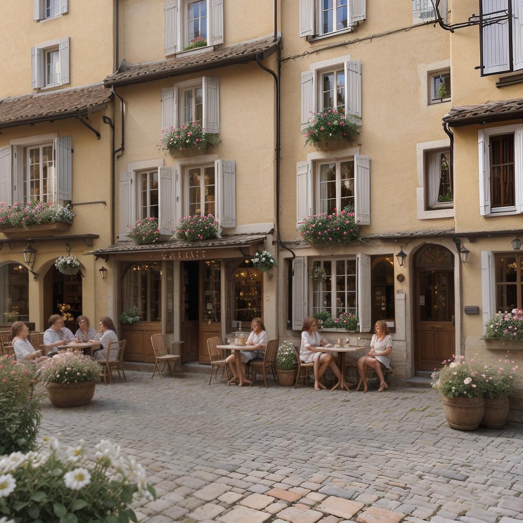  Ultra realistic image of a small café terrace in a quaint European village at morning. The café has a few wooden tables with red and white checkered tablecloths, freshly brewed coffee and croissants on the tables. Cobblestone streets and old, colorful buildings surround the café, with flowers in window boxes. The morning light casts a soft glow, enhancing the quiet and cozy atmosphere. All elements must be perfectly drawn and detailed