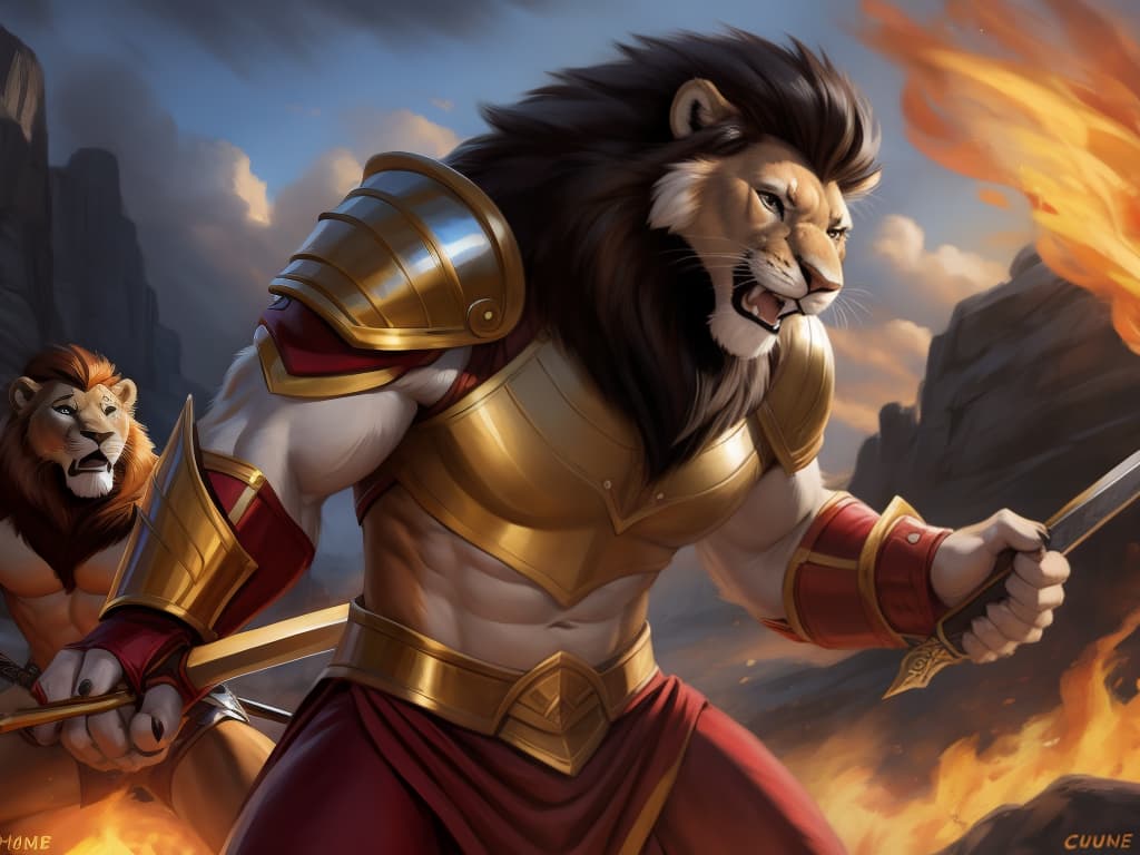  By chunie, by Zaush, portrait, full body, full view, photorealistic, duo, anthro, male, lion, scar on face, two lions in a battlefield fight against each other , hold a weapon, fighting, roaring, angry expression, rage, clenching weapons, red and gold armor:2, golden sword, surrounded by flames, fireland, fire in background, ultra detailed flame, ultra detailed red and gold armor, sfw, thick body, muscular body, stare at the camera, open eyes, digital art, masterpiece, 4k, fine details,