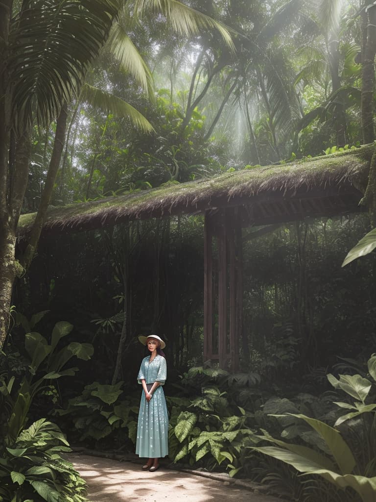  masterpiece, best quality, In a secluded tropical paradise, a wearing a stylish polka dot stands amidst a lush jungle backdrop. Sunlight filters through the dense foliage, casting dappled shadows on her bronzed skin. The air is with humidity, and the sound of exotic bird calls fills the air, creating a sense of mystery and adventure. The photograph captures a moment of tranquility and connection with nature, evoking a feeling of wander and exploration. With a vintage-inspired aesthetic, the image features soft, muted tones and a slightly faded appearance, reminiscent of old film photographs. Realized with the dreamy qualities of Fujifilm Pro 400H film, the photograph exudes a timeless and ethereal beauty.