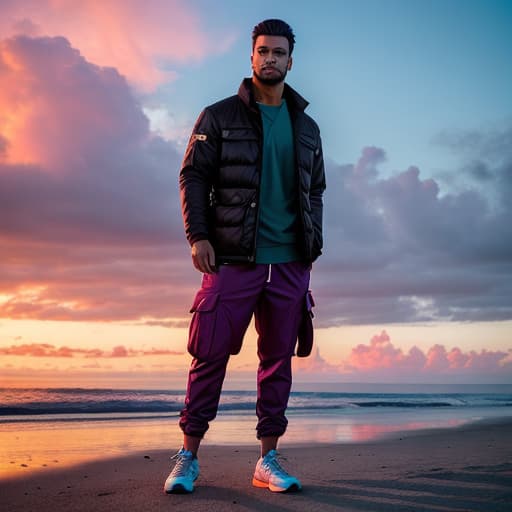  A tropical beach at twilight, with the sky painted in deep purples and oranges, and the sea reflecting the colors. hyperrealistic, full body, detailed clothing, highly detailed, cinematic lighting, stunningly beautiful, intricate, sharp focus, f/1. 8, 85mm, (centered image composition), (professionally color graded), ((bright soft diffused light)), volumetric fog, trending on instagram, trending on tumblr, HDR 4K, 8K