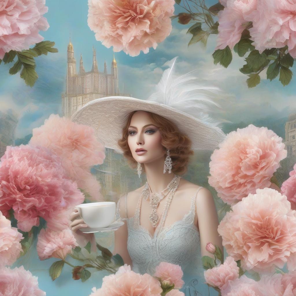  on top there is white openwork patterned lace, delicate lush carnations are scattered everywhere, a beautiful hat, a pearl necklace, a cup filled with coffee, satin ribbons, jewelry, a written letter and a feather. shabby chic. blue, pink, green, gilding, glitter. soft, pastel. octane rendering, watercolor painting effect. many intricate details, ivaV, high resolution and quality, megarealistic. surreal vision, complex, ornate, amazing, interesting angle, soft focus, tilt shift ] hyperrealistic, full body, detailed clothing, highly detailed, cinematic lighting, stunningly beautiful, intricate, sharp focus, f/1. 8, 85mm, (centered image composition), (professionally color graded), ((bright soft diffused light)), volumetric fog, trending on instagram, trending on tumblr, HDR 4K, 8K