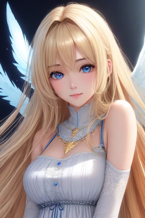  blond hair,blues eyes, , 1, , (photo realistic body shot)+, (centered in frame)+, symmetrical face, cute, highly detail eyes, highly detailed face, (both eyes are the same)+, ideal huma, f8, photography, ultra details, Global illumination, soft light, dream light, color photo, neckline,  dress, ((angel))+++, angel wings, , fantasy world, blond hair