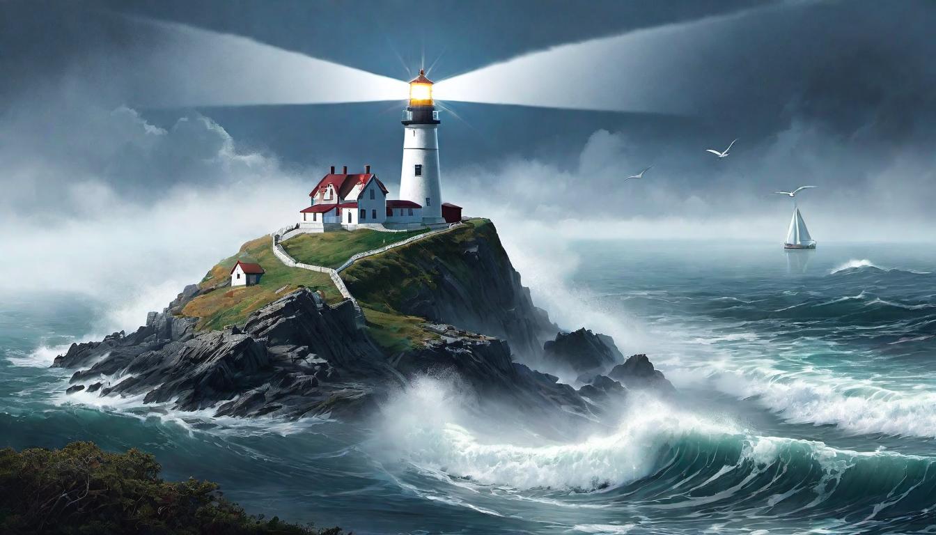  digital illustration A lighthouse, its beam cutting through fog to reveal a path over tumultuous seas, standing tall as a metaphorical beacon of hope and restoration, guiding light, resilient looking at viewer, dynamic pose, (intricate details, masterpiece, best quality)