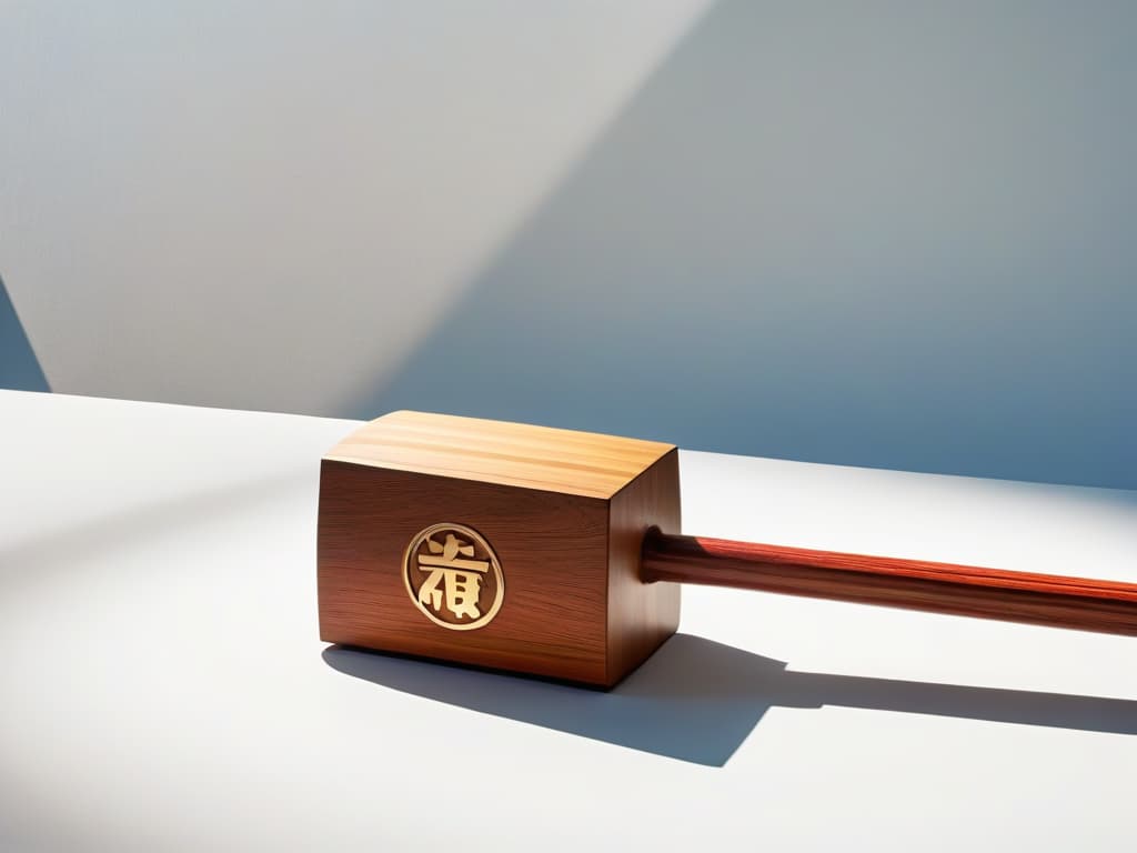  An intricate closeup of a traditional Japanese wooden mallet used for pounding mochi, showcasing its worn handle and polished surface, set against a backdrop of soft, natural lighting that highlights the fine grains and textures of the wood. hyperrealistic, full body, detailed clothing, highly detailed, cinematic lighting, stunningly beautiful, intricate, sharp focus, f/1. 8, 85mm, (centered image composition), (professionally color graded), ((bright soft diffused light)), volumetric fog, trending on instagram, trending on tumblr, HDR 4K, 8K