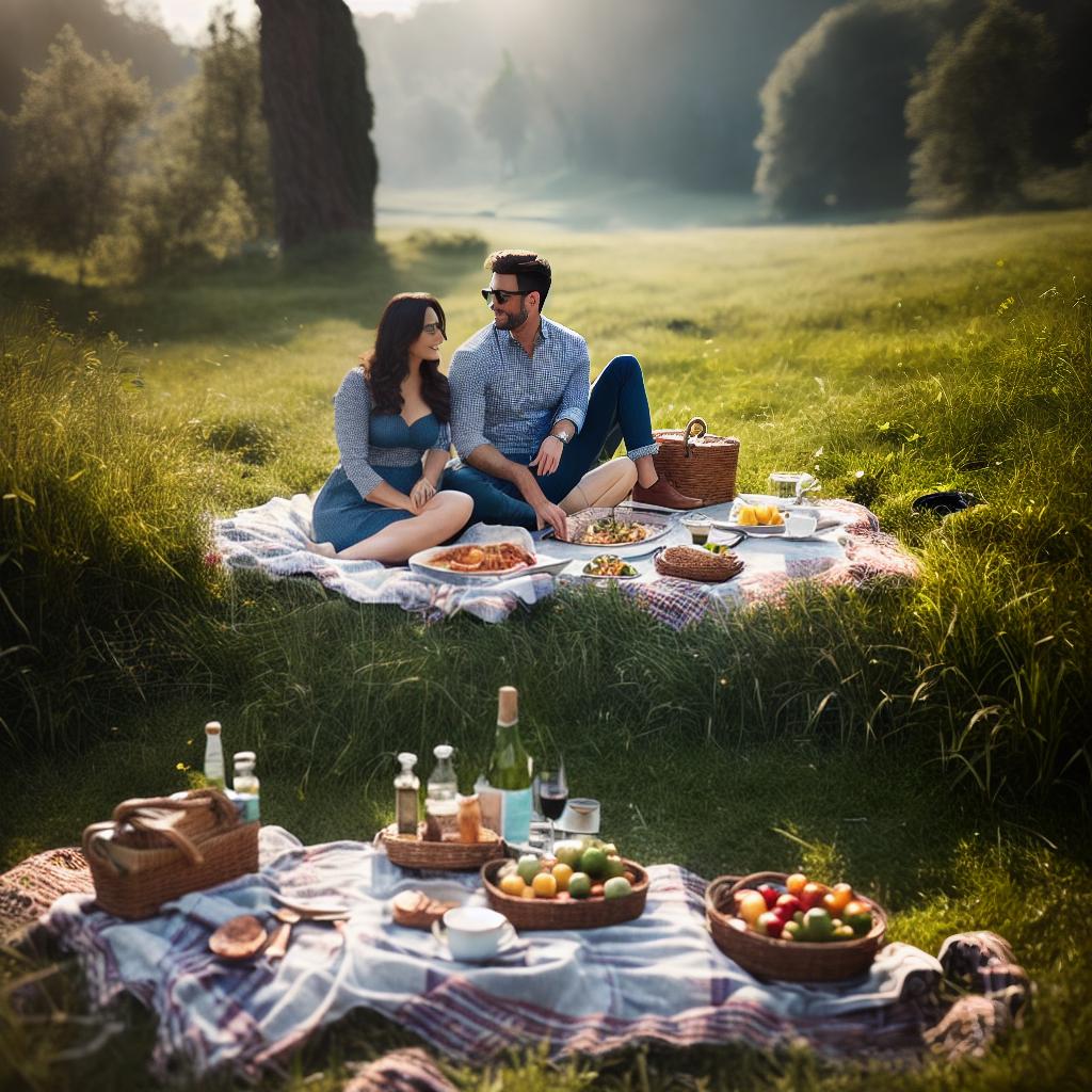 ((masterpiece)), (((best quality))), 8k, high detailed, ultra-detailed. A couple having a picnic, with modern gear background in the distance and grass in front hyperrealistic, full body, detailed clothing, highly detailed, cinematic lighting, stunningly beautiful, intricate, sharp focus, f/1. 8, 85mm, (centered image composition), (professionally color graded), ((bright soft diffused light)), volumetric fog, trending on instagram, trending on tumblr, HDR 4K, 8K